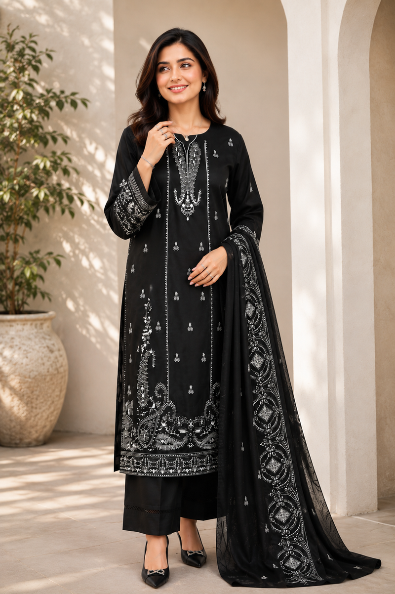 A woman models a black traditional Indian salwar kameez suit with intricate silver embroidery, paired with matching black trousers and a sheer black dupatta, set against a warm beige architectural background.