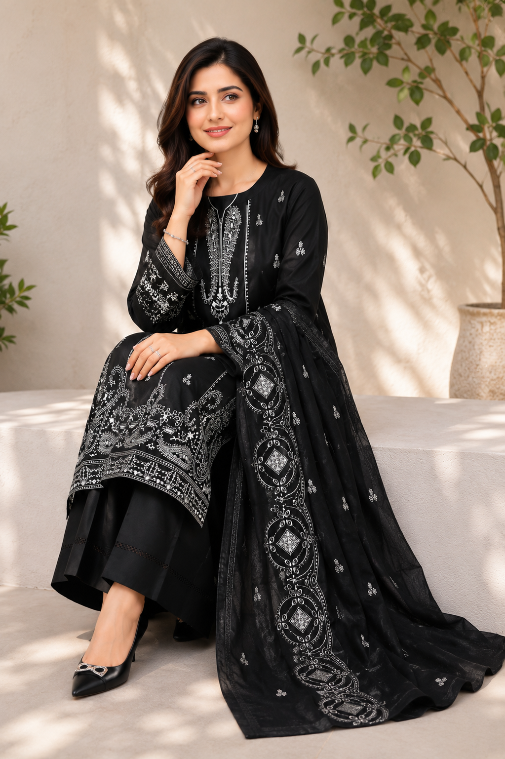 Midnight Silver Embroidered 3-Piece Suit