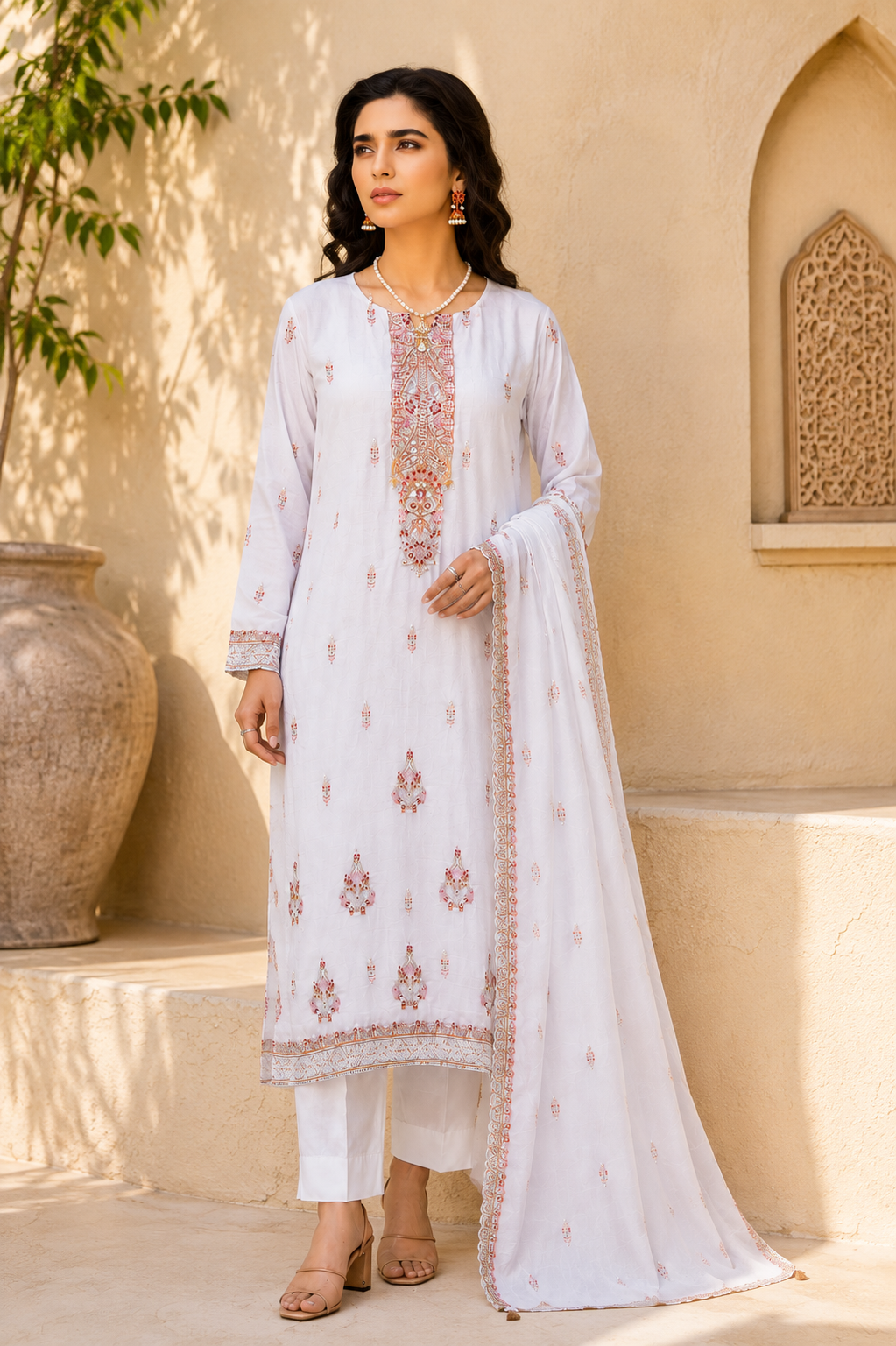 Elegant White Embroidered 3-Piece Suit