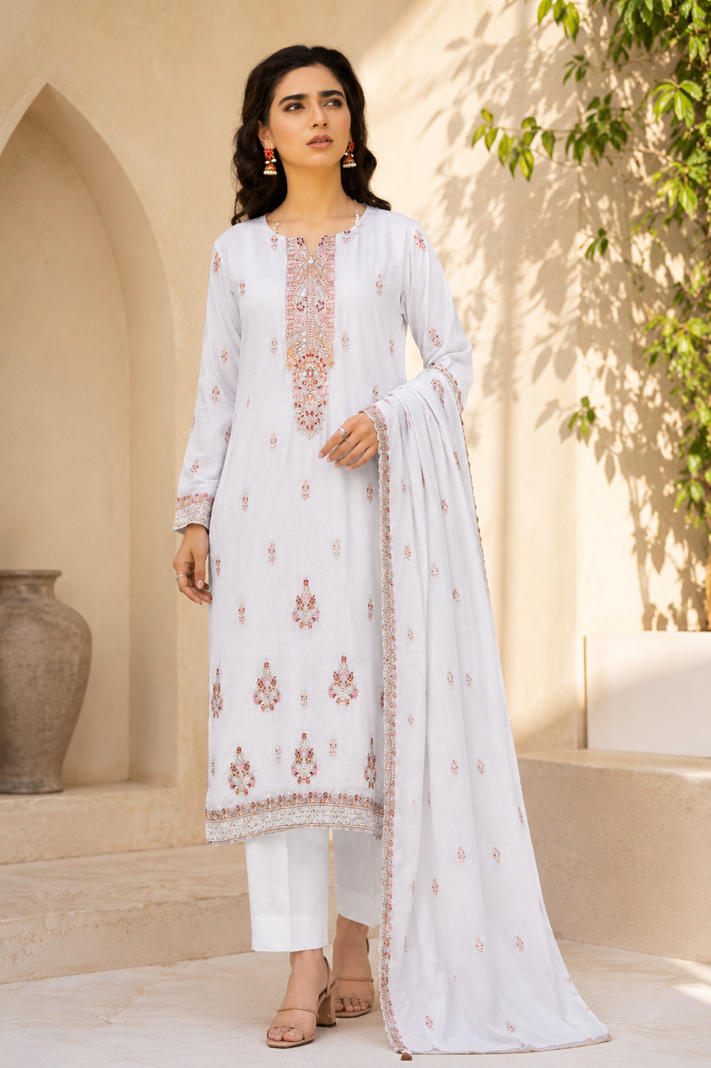 Elegant White Embroidered 3-Piece Suit