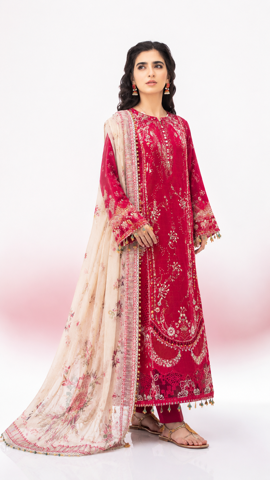 Crimson Bloom Embroidered 3-Piece Suit