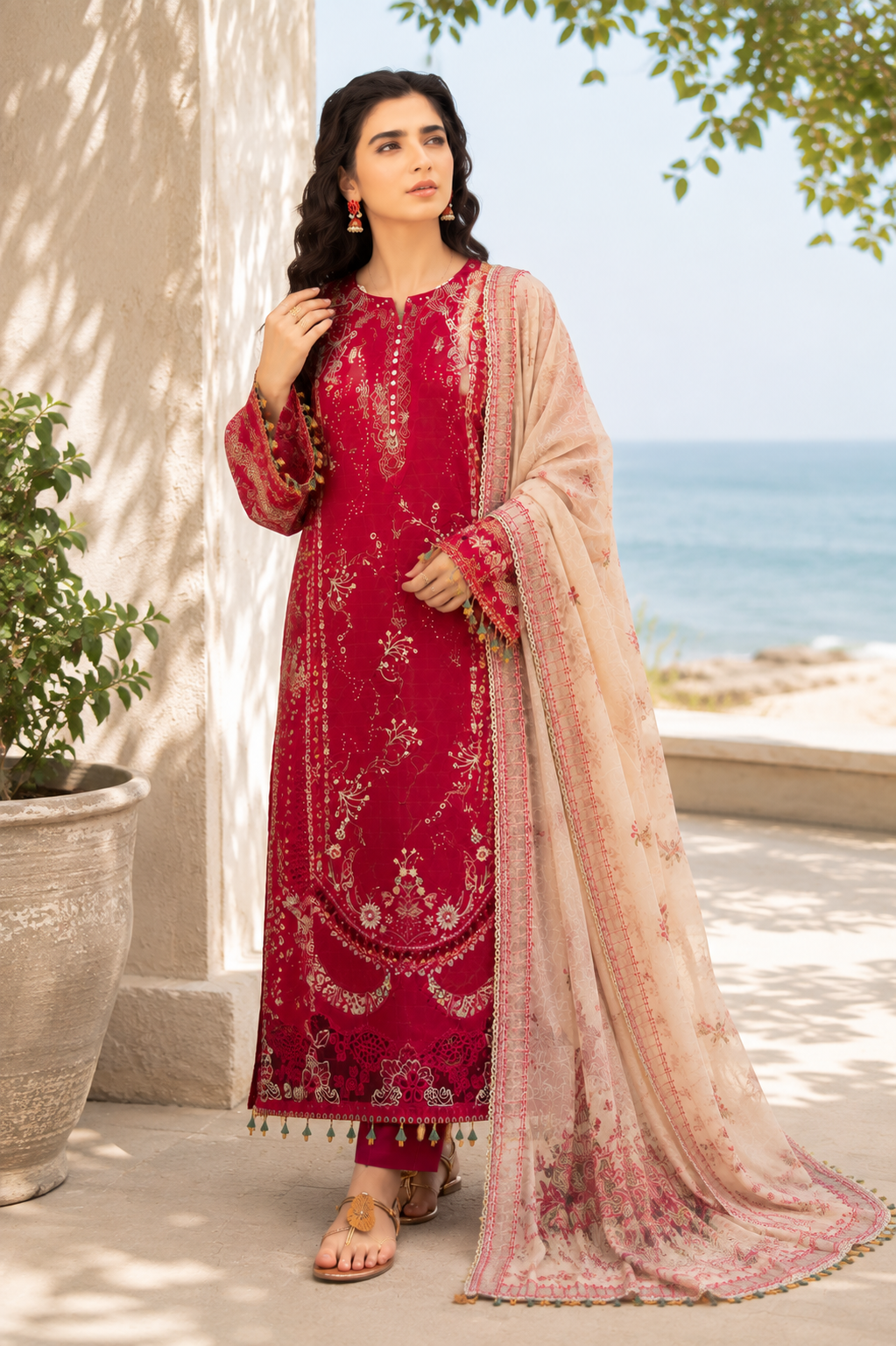 Crimson Bloom Embroidered 3-Piece Suit