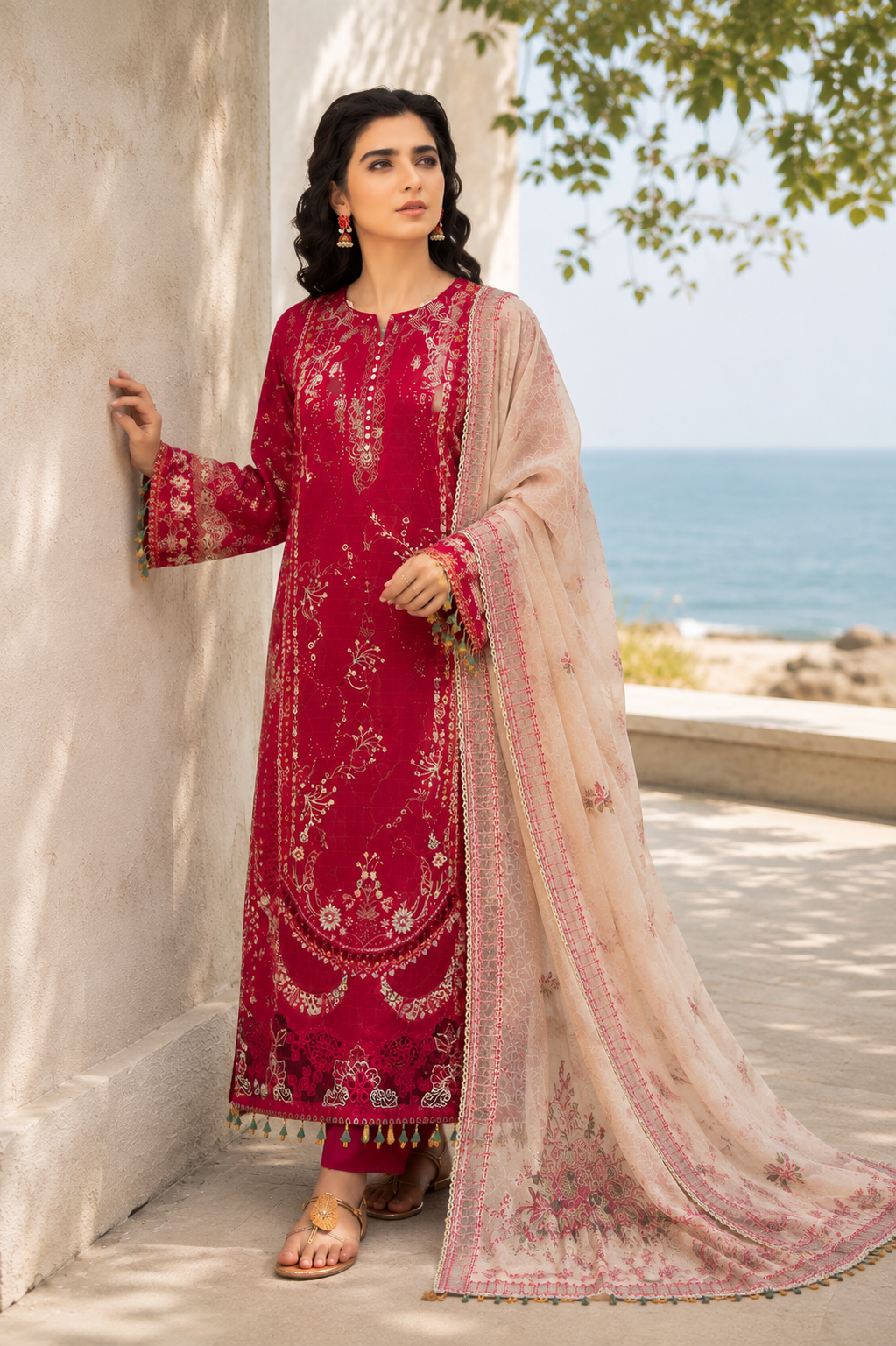 Crimson Bloom Embroidered 3-Piece Suit