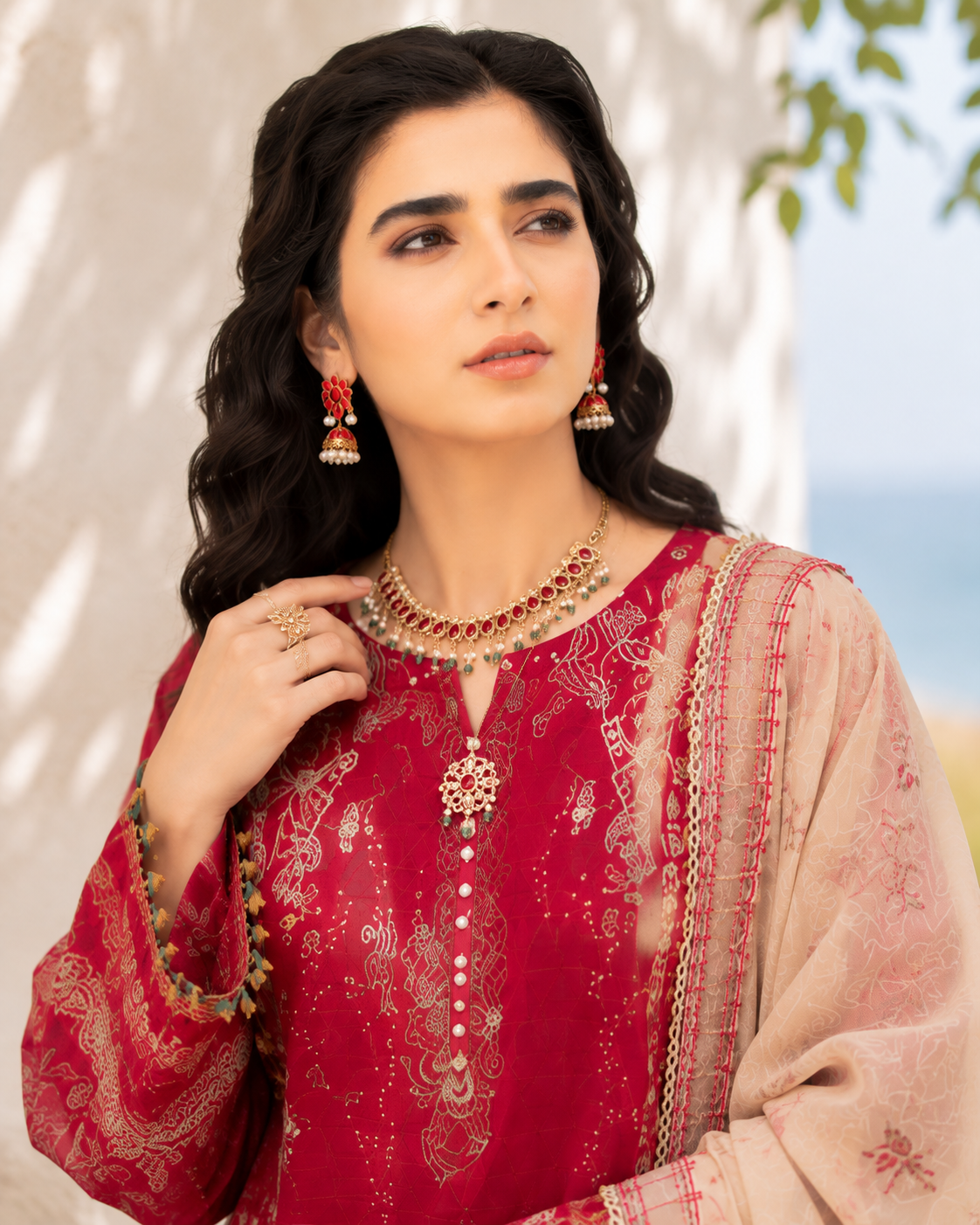 Crimson Bloom Embroidered 3-Piece Suit