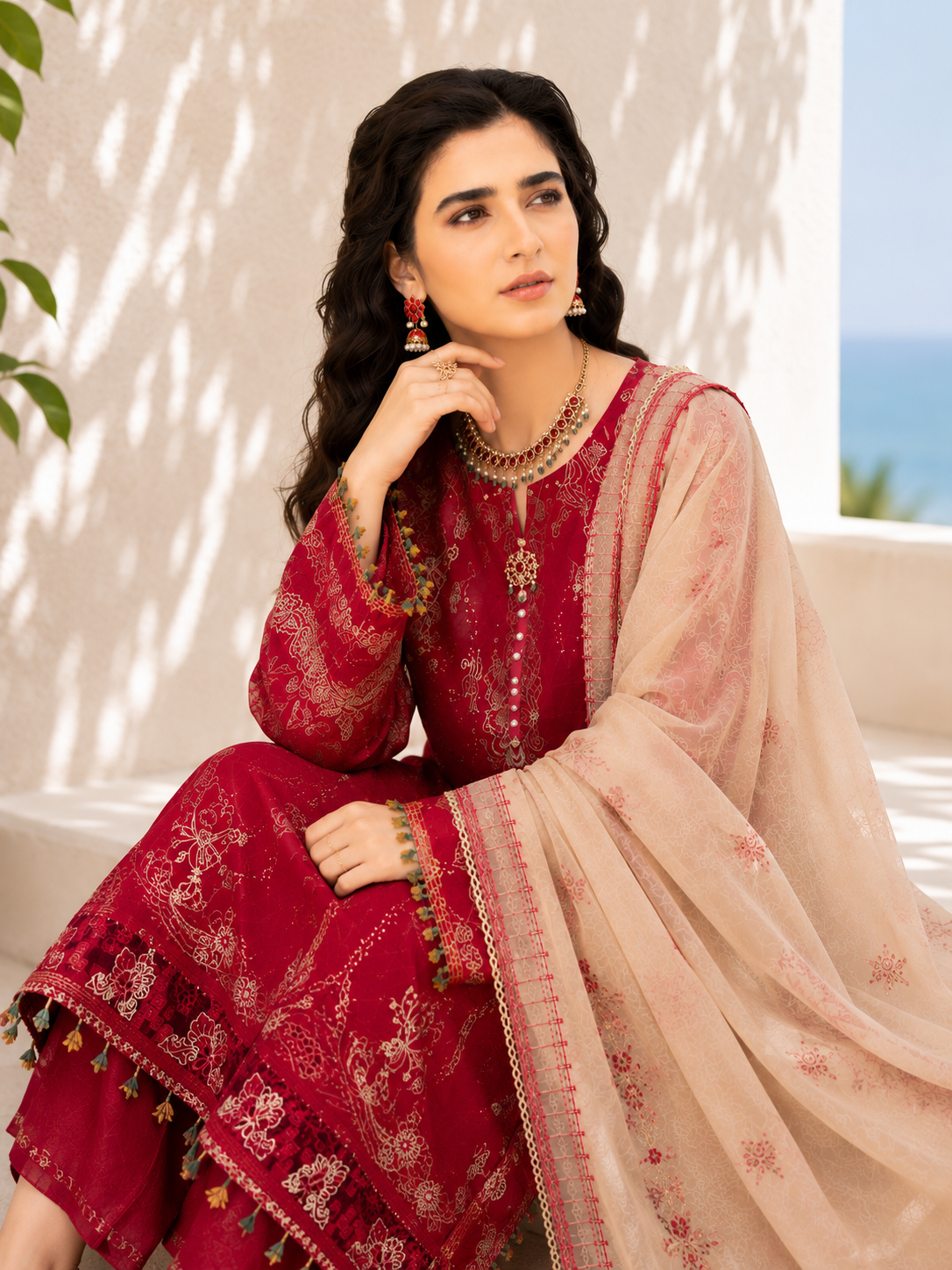 Crimson Bloom Embroidered 3-Piece Suit