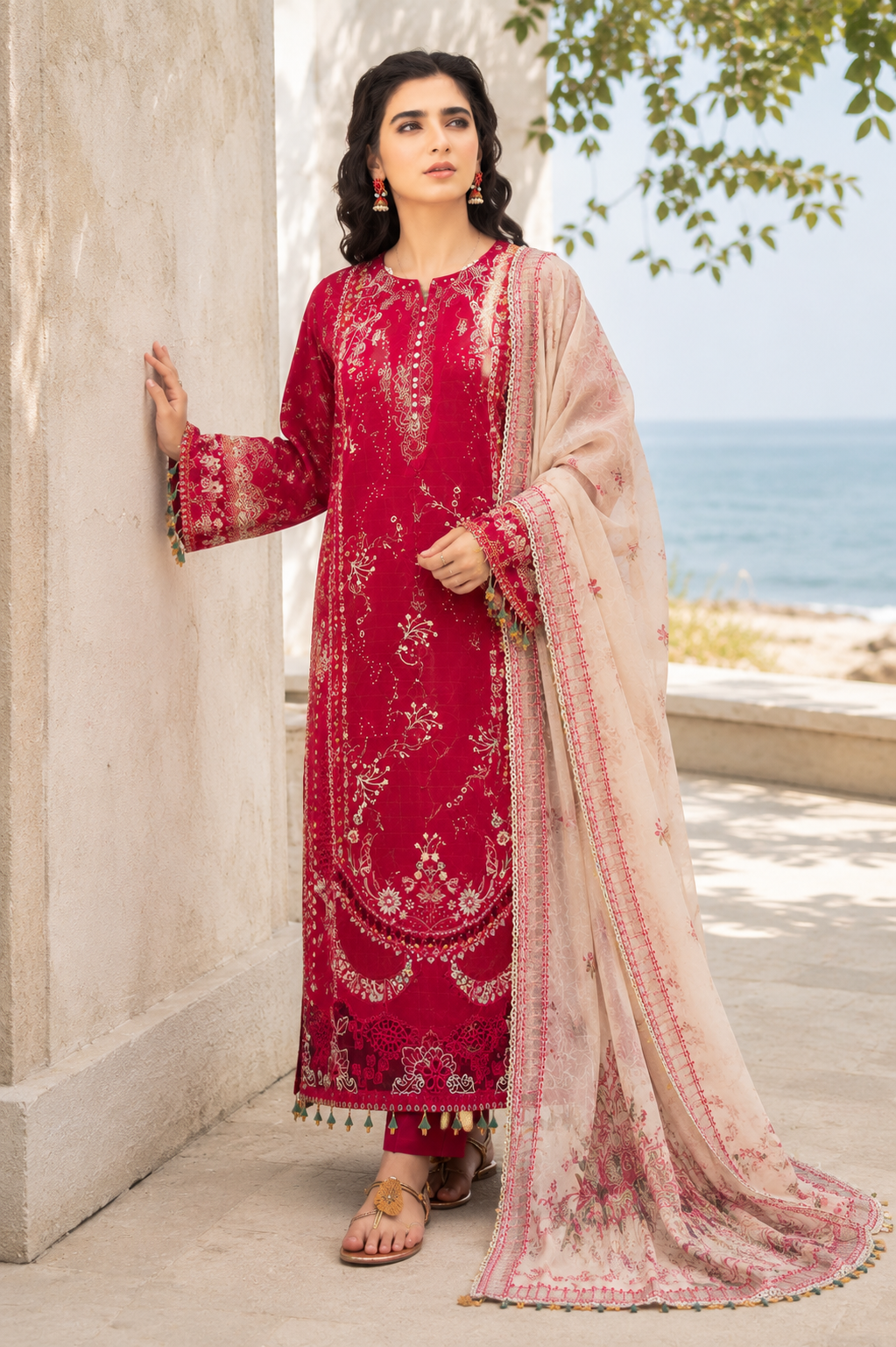 Crimson Bloom Embroidered 3-Piece Suit
