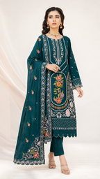Vibrant Teal Blue Floral Embroidered 3-Piece Suit