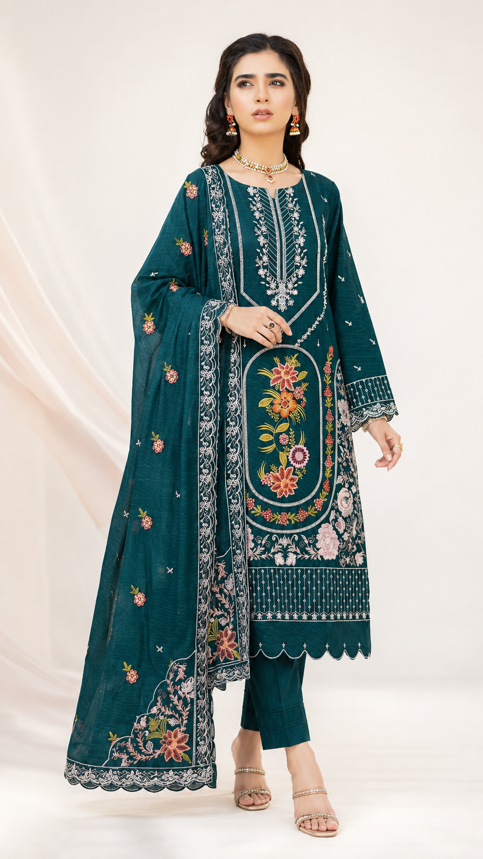 Vibrant Teal Blue Floral Embroidered 3-Piece Suit