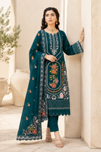 Vibrant Teal Blue Floral Embroidered 3-Piece Suit