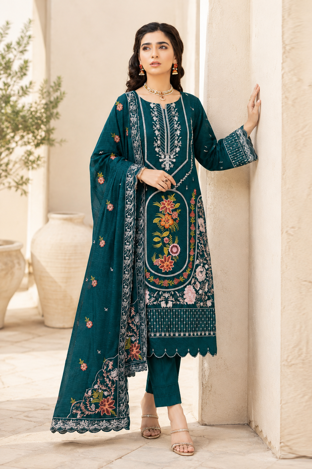 Vibrant Teal Blue Floral Embroidered 3-Piece Suit
