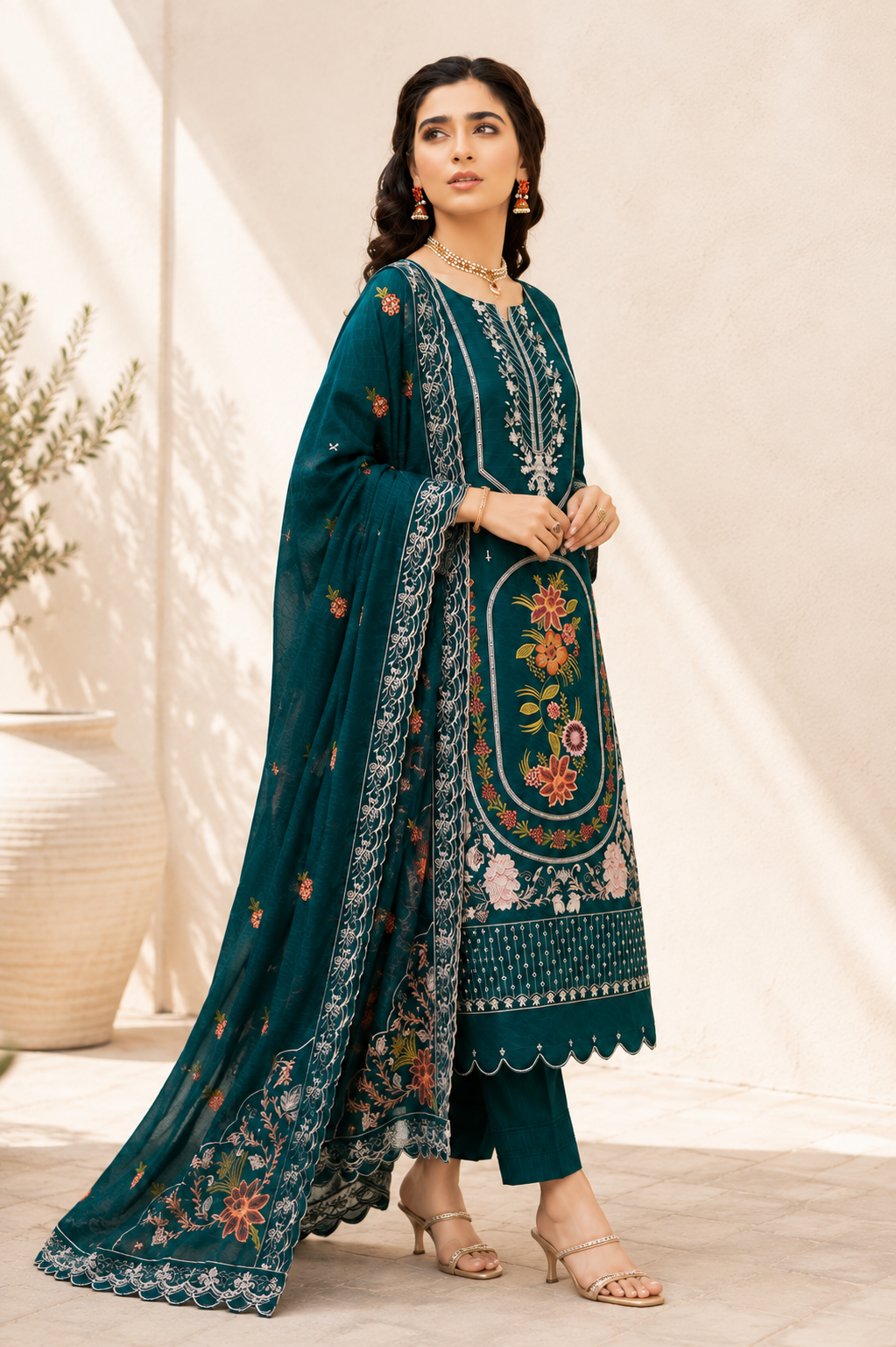 Vibrant Teal Blue Floral Embroidered 3-Piece Suit