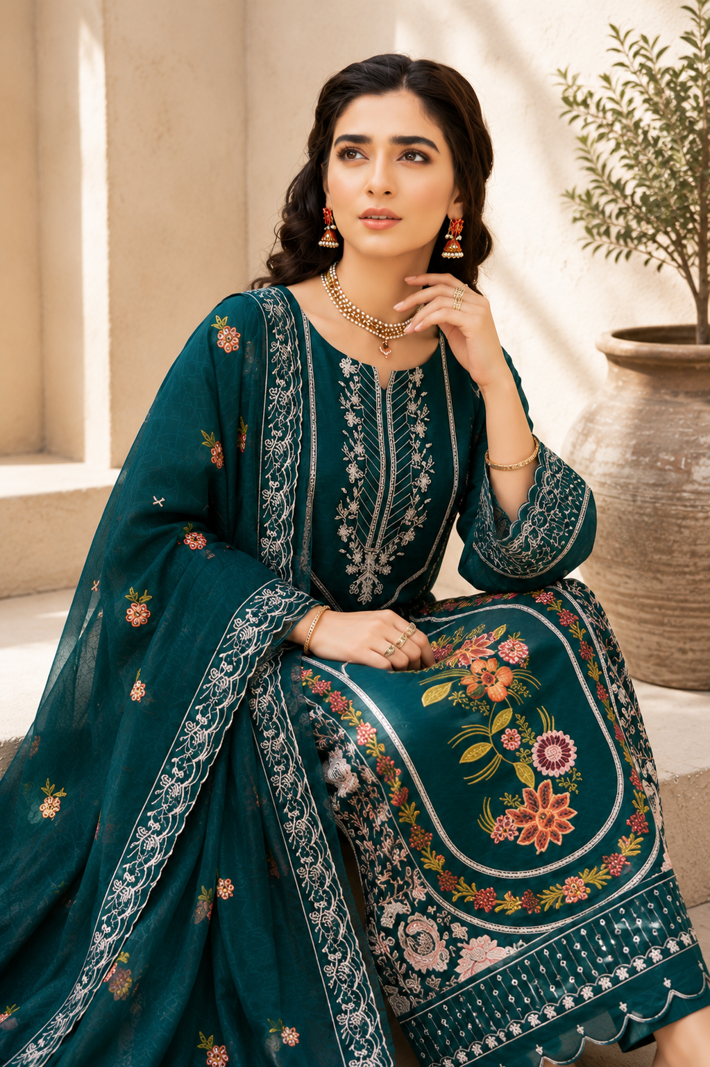 Vibrant Teal Blue Floral Embroidered 3-Piece Suit