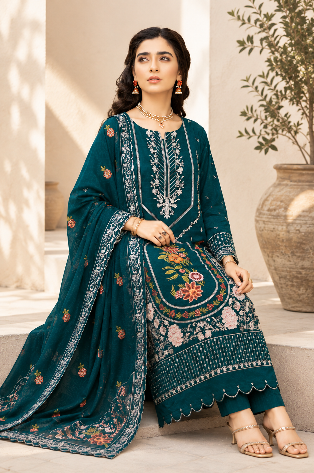 Vibrant Teal Blue Floral Embroidered 3-Piece Suit