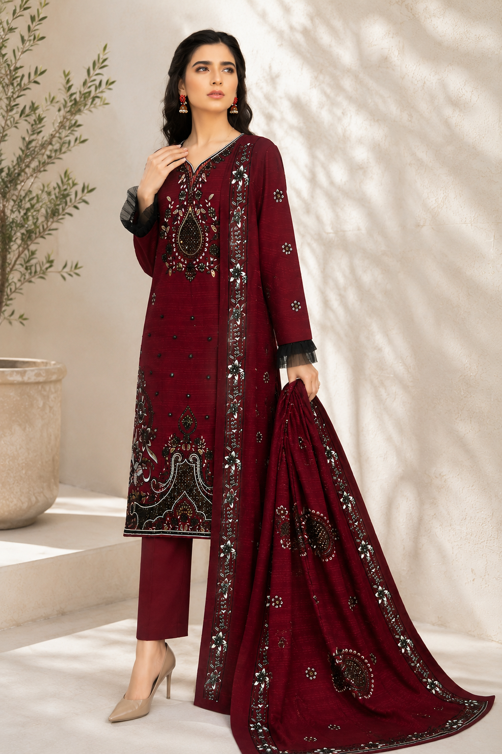 Regal Maroon Embellished 3-Piece Festive Suit