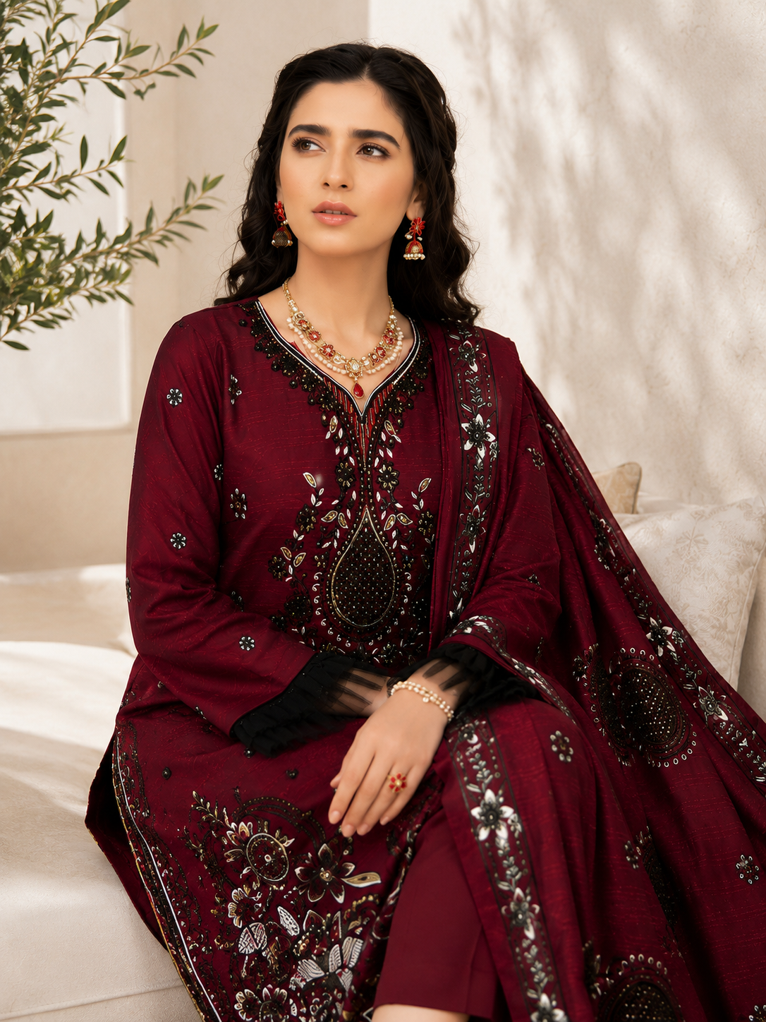 Regal Maroon Embellished 3-Piece Festive Suit