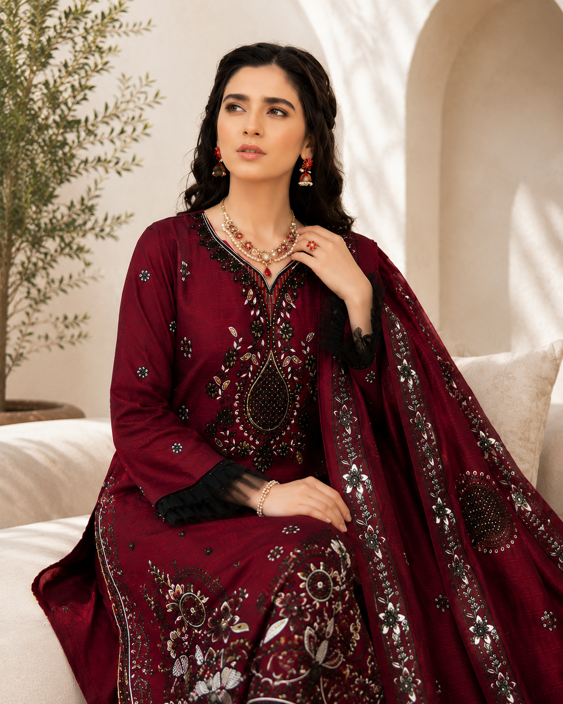 Regal Maroon Embellished 3-Piece Festive Suit