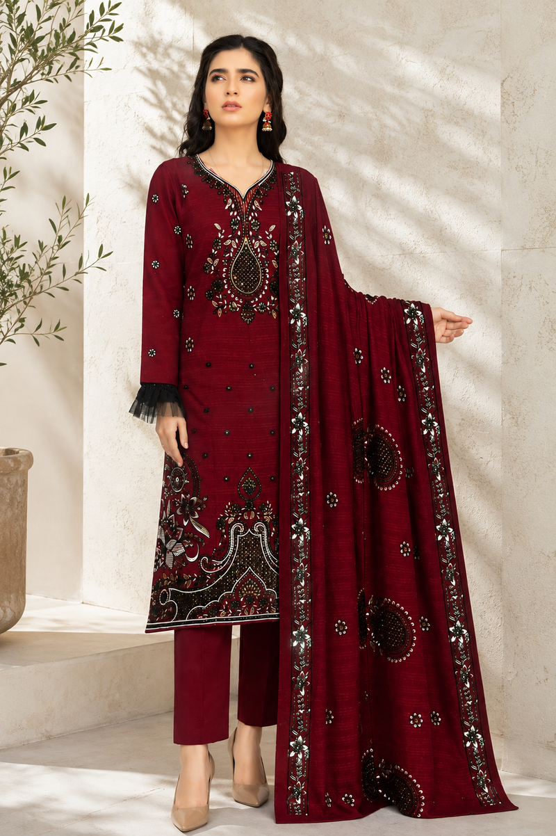Regal Maroon Embellished 3-Piece Festive Suit
