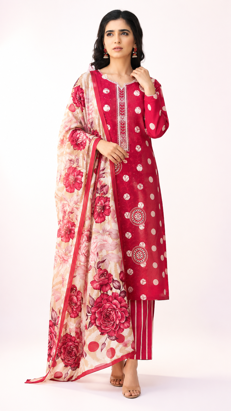 Vibrant Red Printed & Embroidered 3-Piece Suit