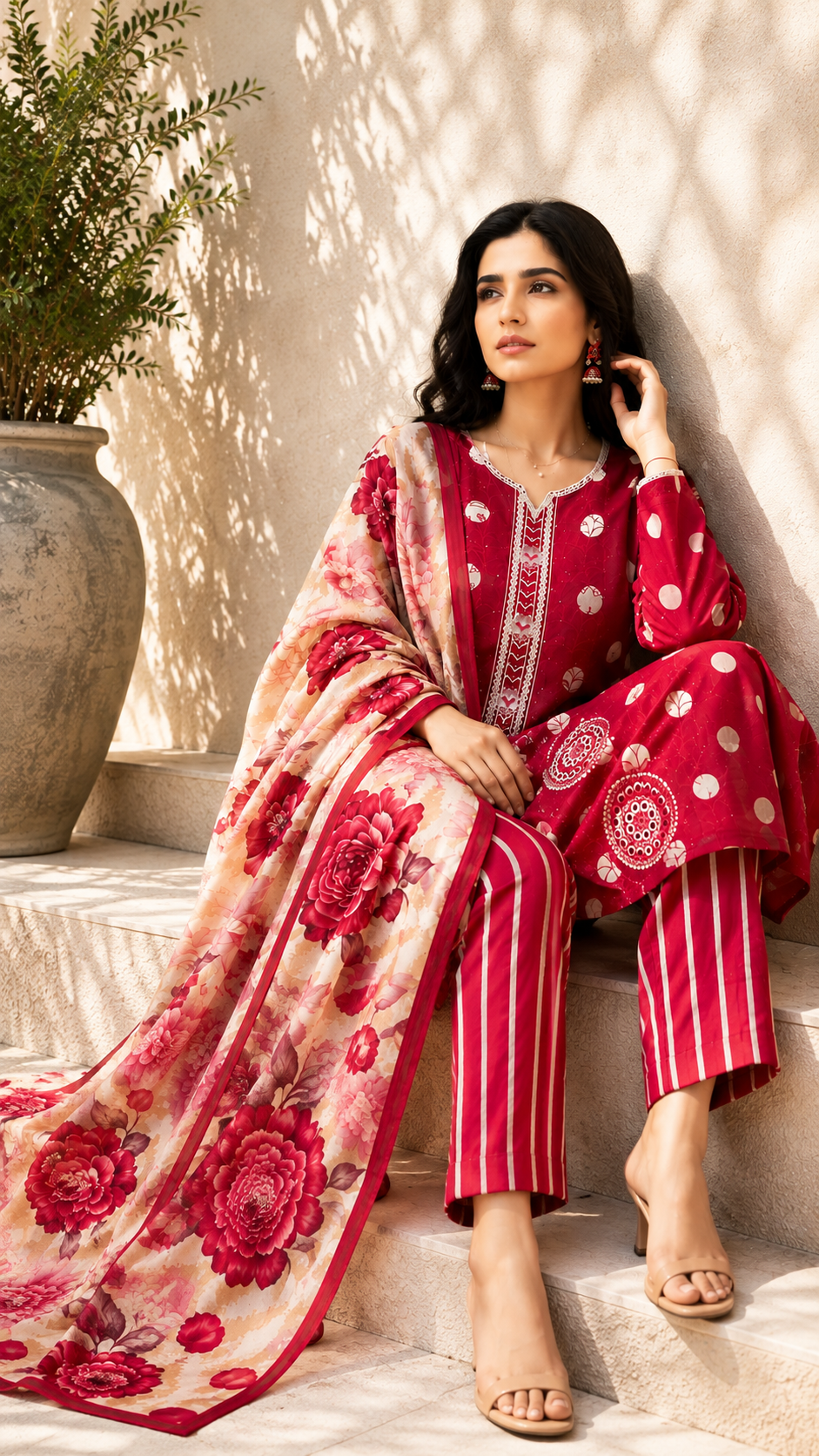 Vibrant Red Printed & Embroidered 3-Piece Suit