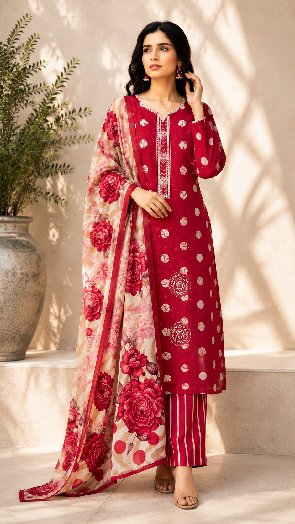 Vibrant Red Printed & Embroidered 3-Piece Suit