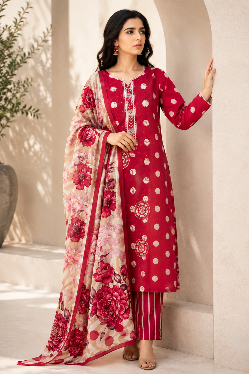 Vibrant Red Printed & Embroidered 3-Piece Suit