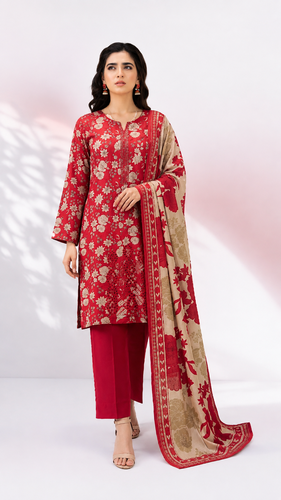 Classic Red Floral Print & Embroidered 3-Piece Suit