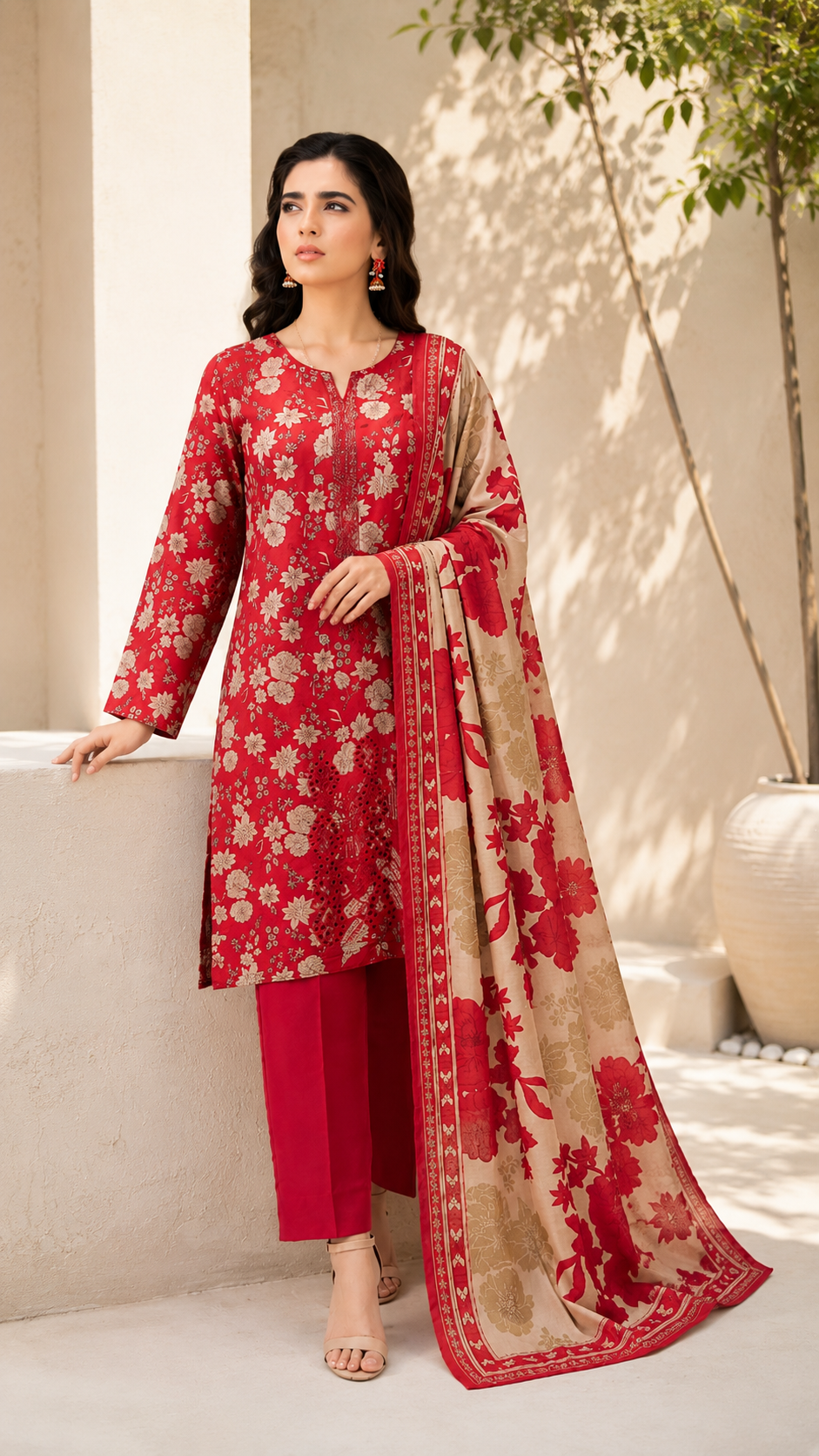 Classic Red Floral Print & Embroidered 3-Piece Suit