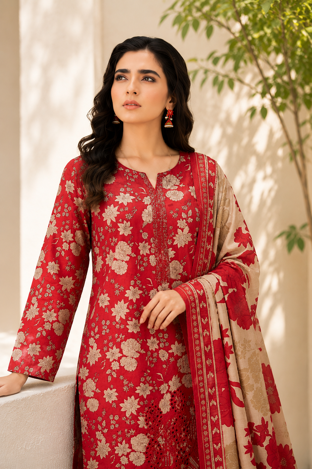 Classic Red Floral Print & Embroidered 3-Piece Suit