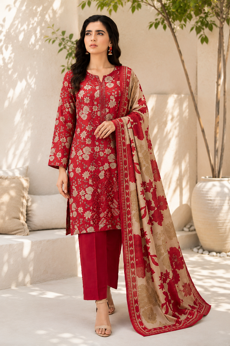 Classic Red Floral Print & Embroidered 3-Piece Suit