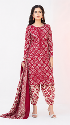 Traditional Red & Off-White Ajrak-Style Printed Shalwar Kameez