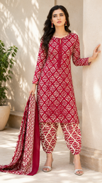 Traditional Red & Off-White Ajrak-Style Printed Shalwar Kameez
