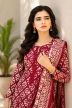 Traditional Red & Off-White Ajrak-Style Printed Shalwar Kameez