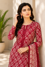 Traditional Red & Off-White Ajrak-Style Printed Shalwar Kameez