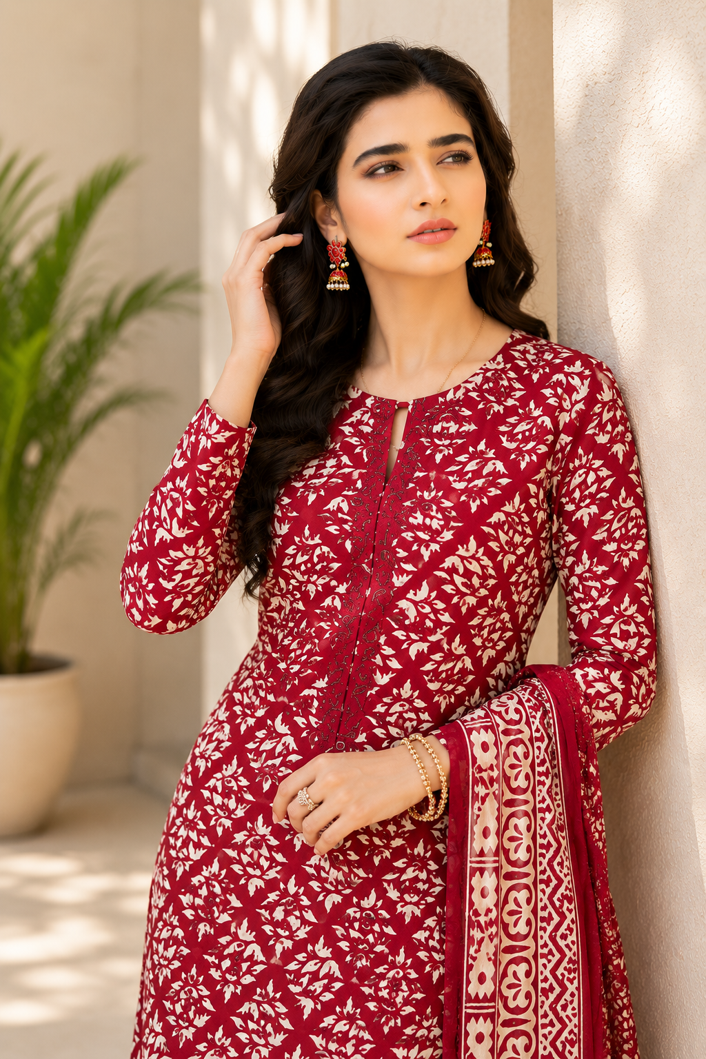 Traditional Red & Off-White Ajrak-Style Printed Shalwar Kameez