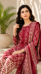 Traditional Red & Off-White Ajrak-Style Printed Shalwar Kameez