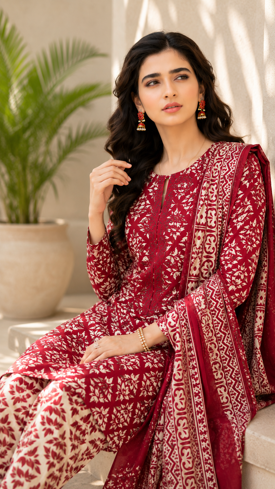 Traditional Red & Off-White Ajrak-Style Printed Shalwar Kameez