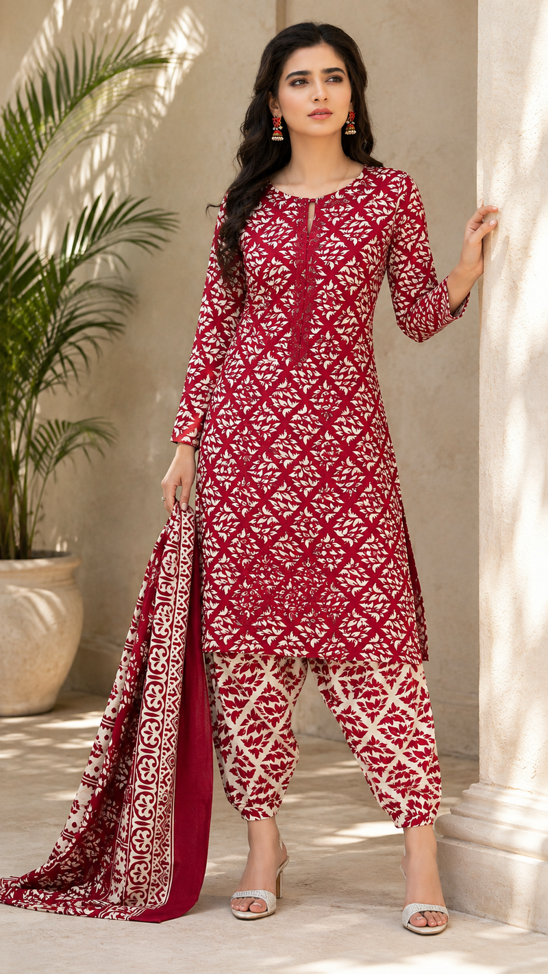 Traditional Red & Off-White Ajrak-Style Printed Shalwar Kameez