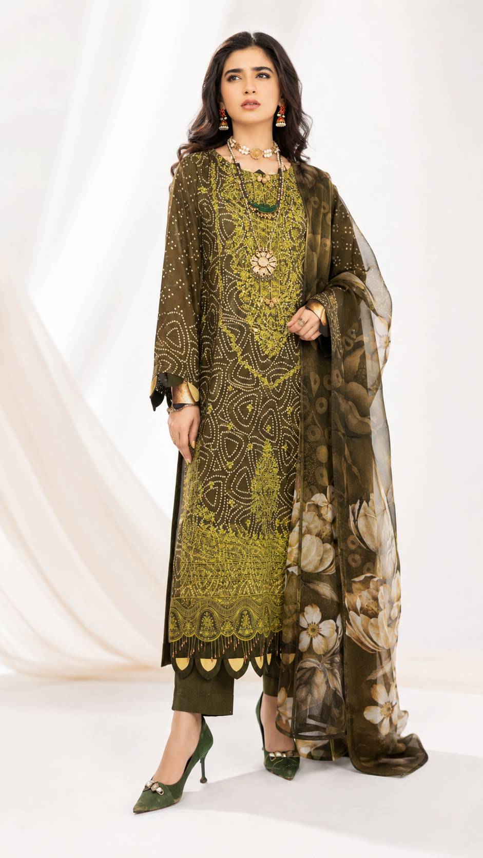 Elegant Olive Green Bandhani & Embroidered Suit