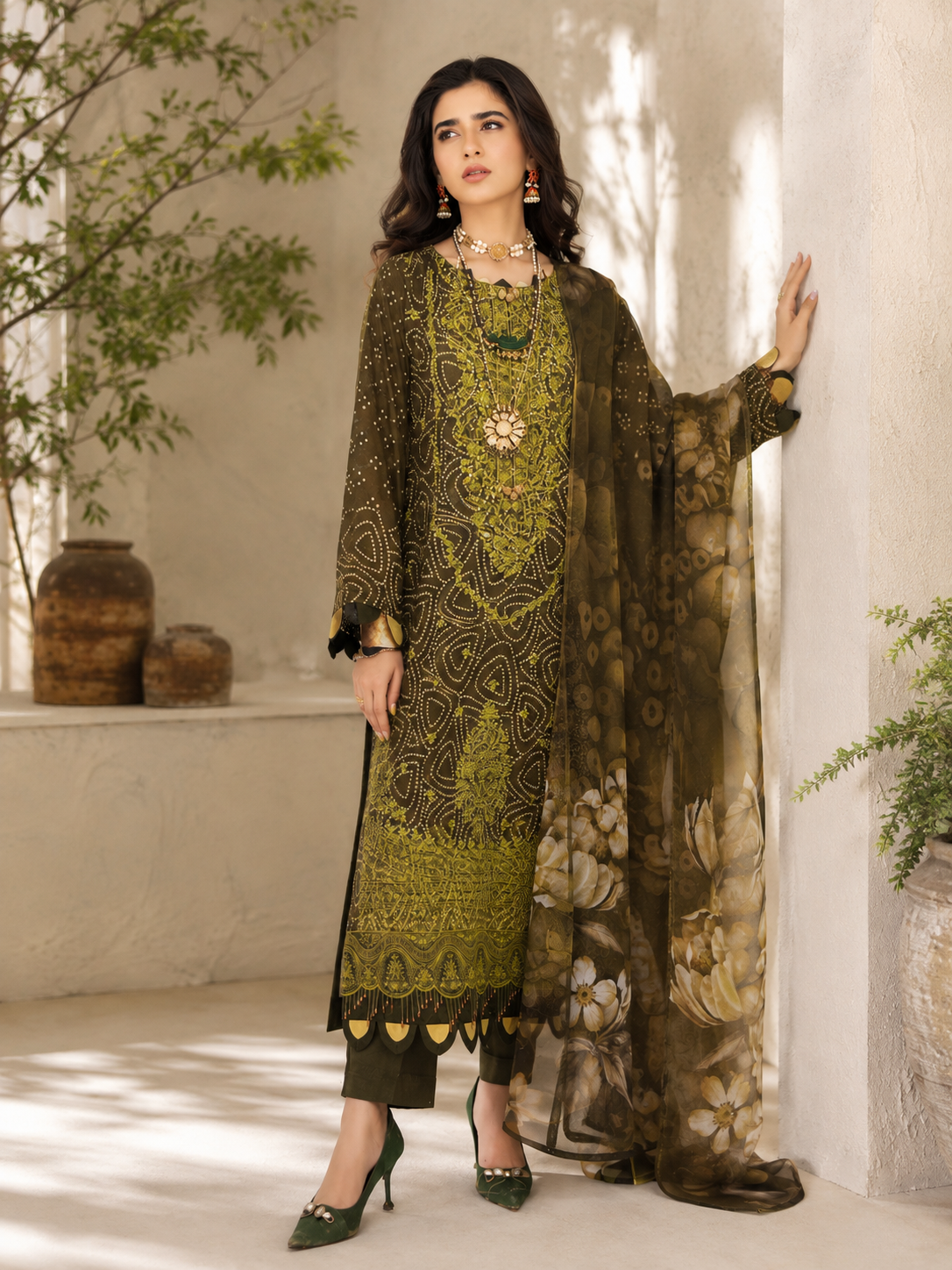 Elegant Olive Green Bandhani & Embroidered Suit