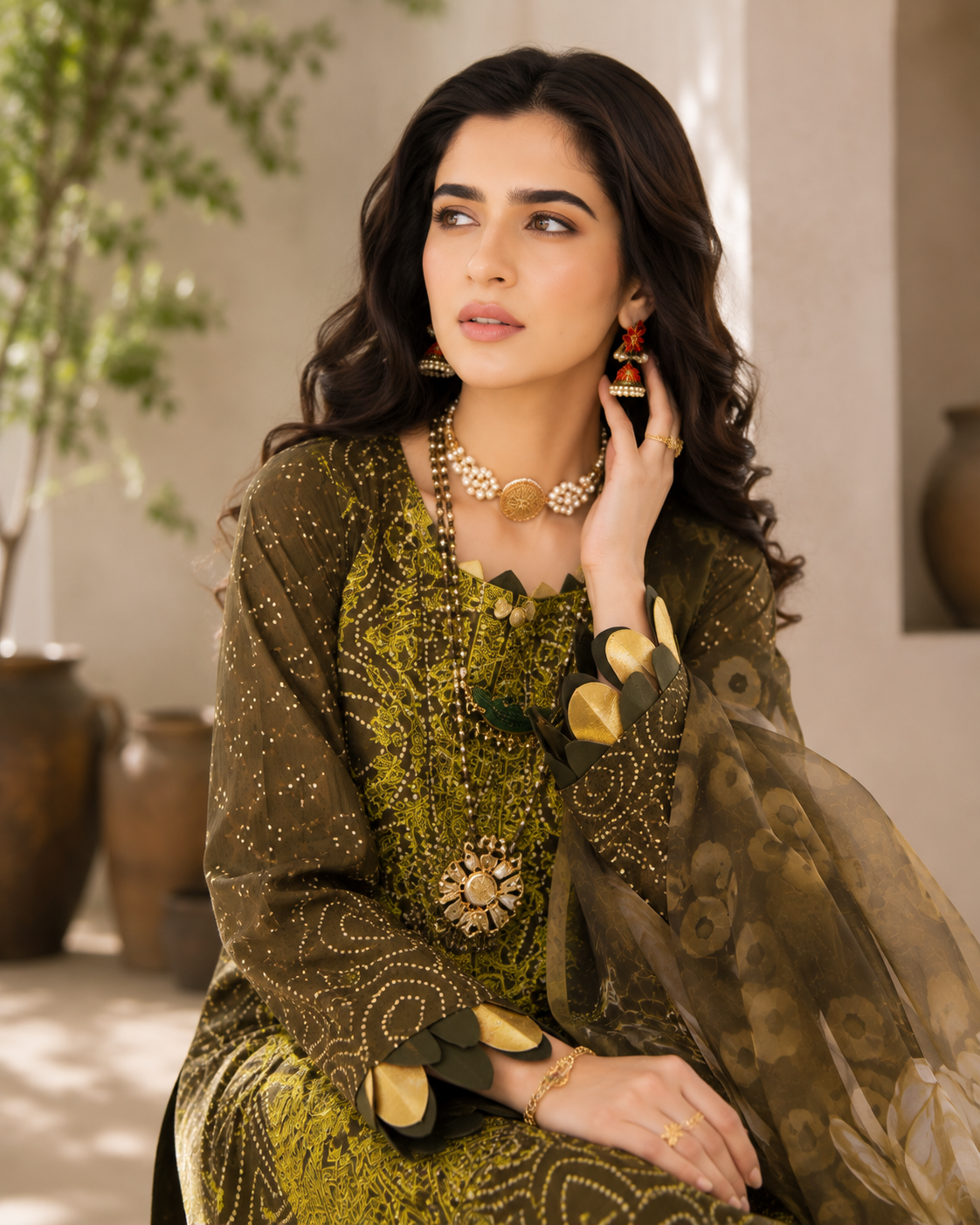 Elegant Olive Green Bandhani & Embroidered Suit
