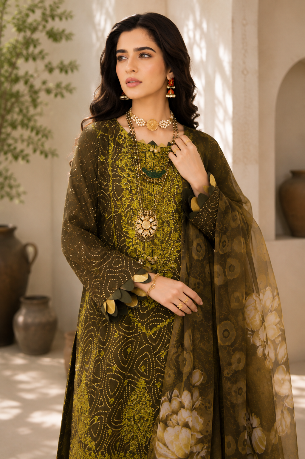 Elegant Olive Green Bandhani & Embroidered Suit