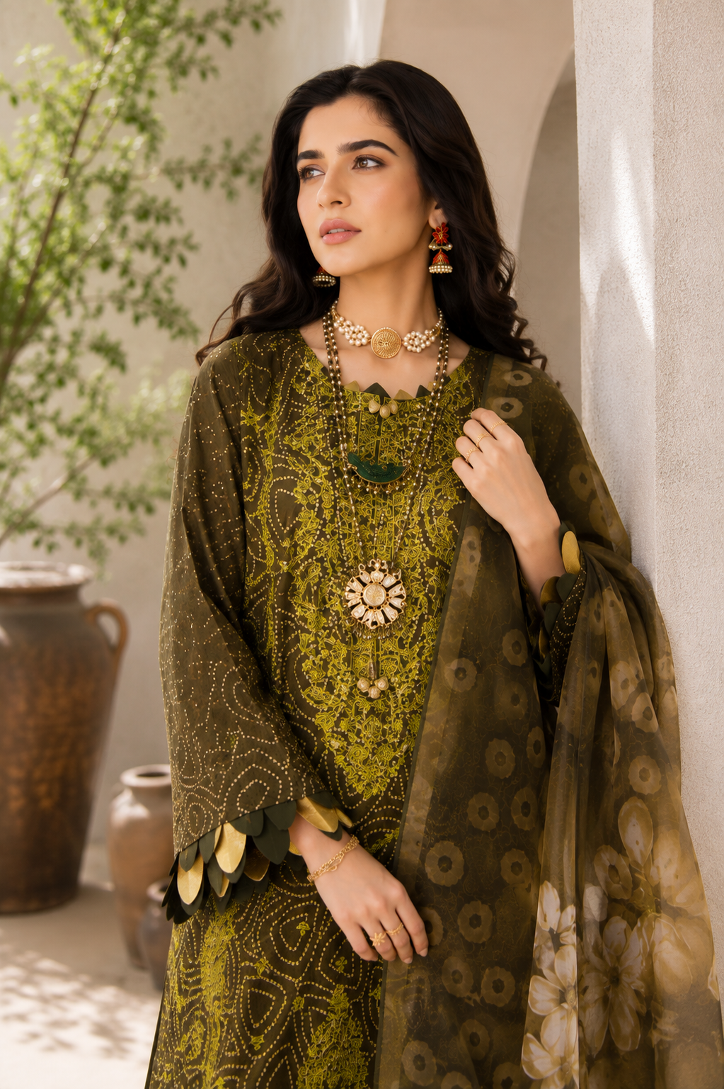 Elegant Olive Green Bandhani & Embroidered Suit