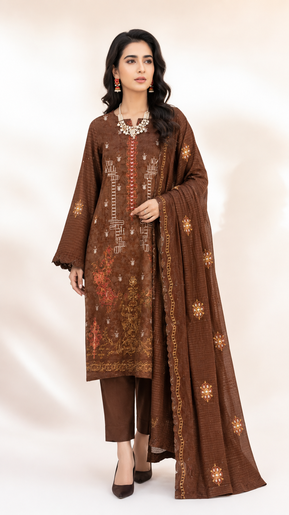 Chic Brown Embroidered 3-Piece Suit