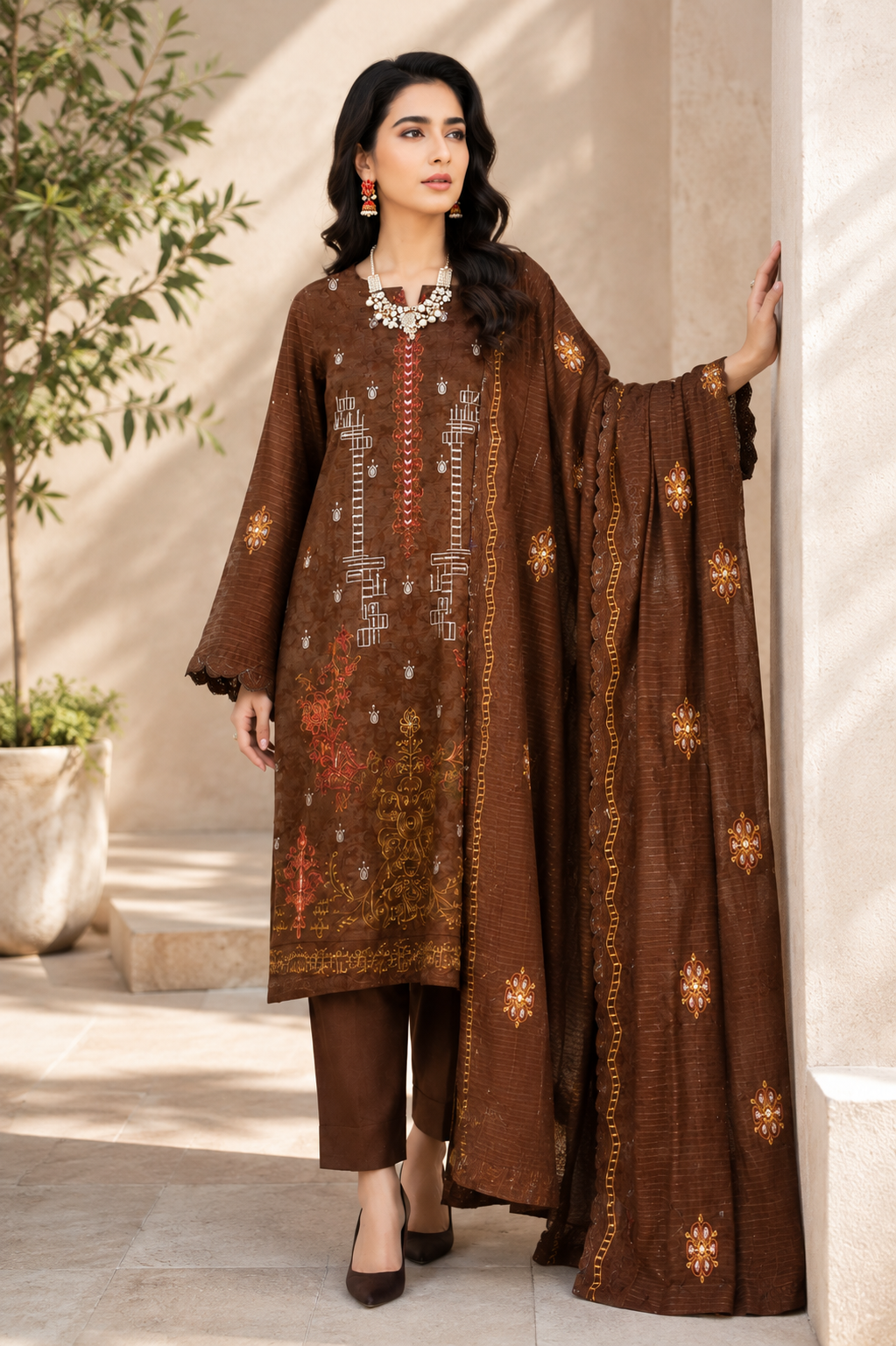 Chic Brown Embroidered 3-Piece Suit