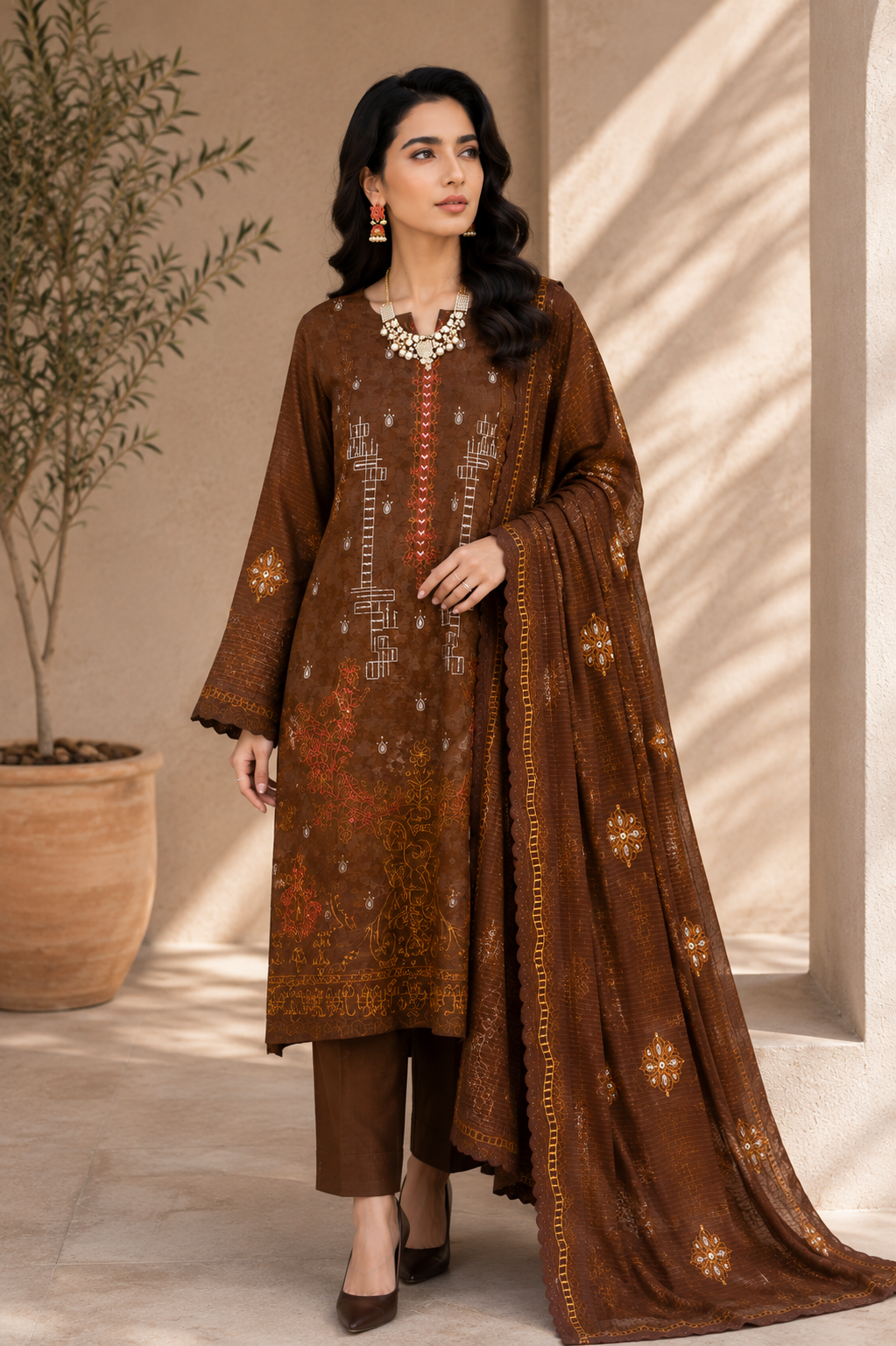 Chic Brown Embroidered 3-Piece Suit