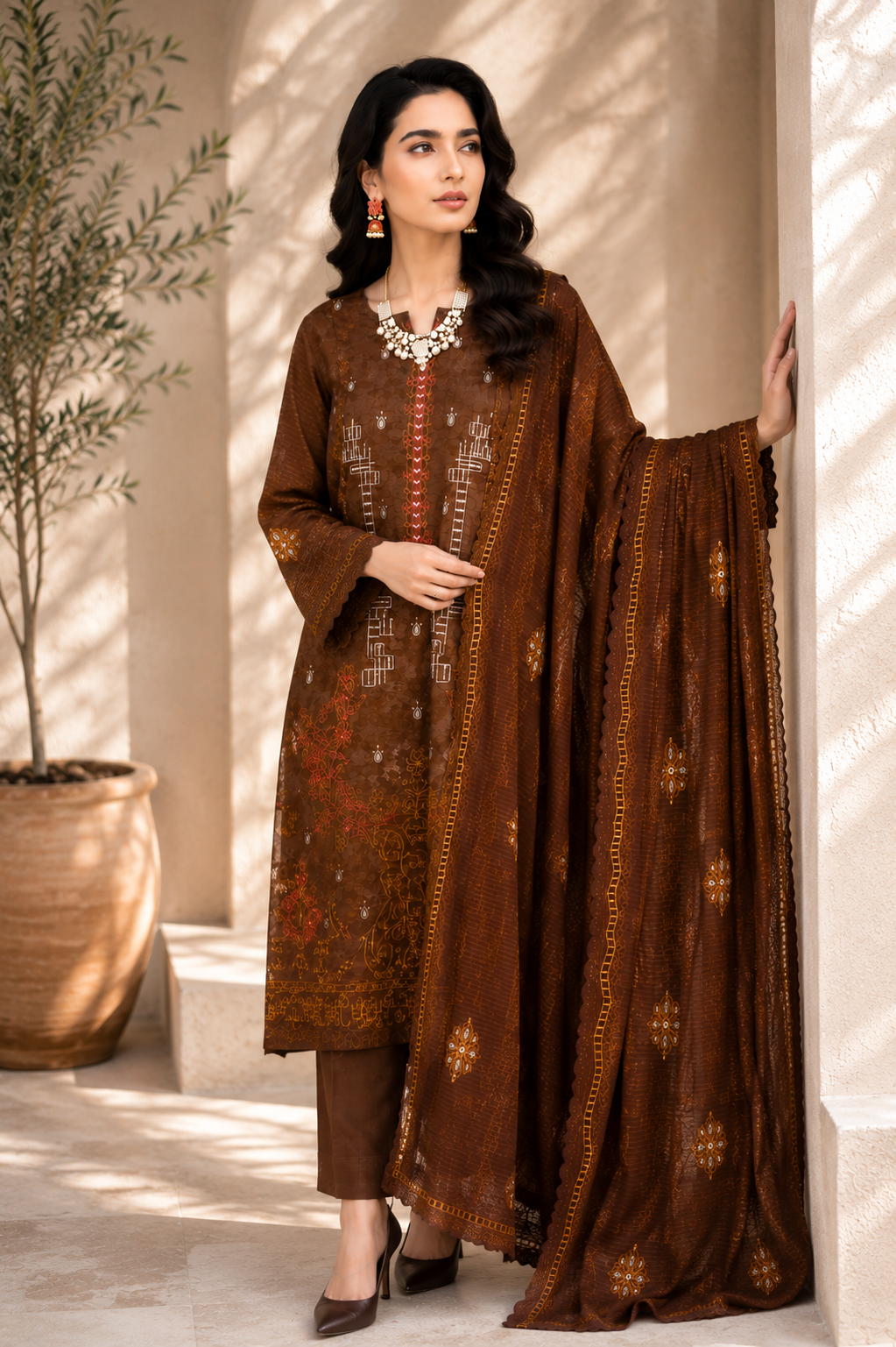 Chic Brown Embroidered 3-Piece Suit