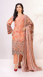 Graceful Peach Printed & Embroidered 3-Piece Suit