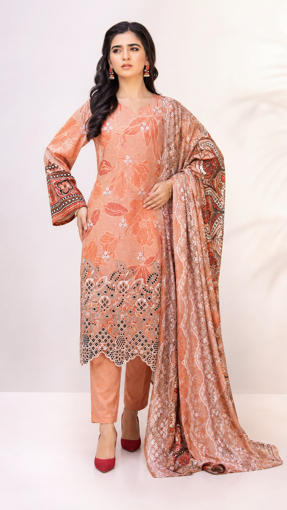 Graceful Peach Printed & Embroidered 3-Piece Suit