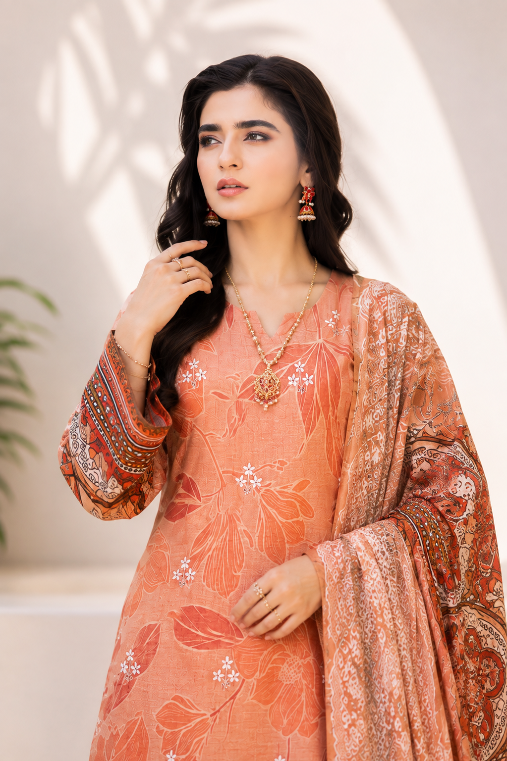 Graceful Peach Printed & Embroidered 3-Piece Suit