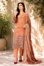 Graceful Peach Printed & Embroidered 3-Piece Suit